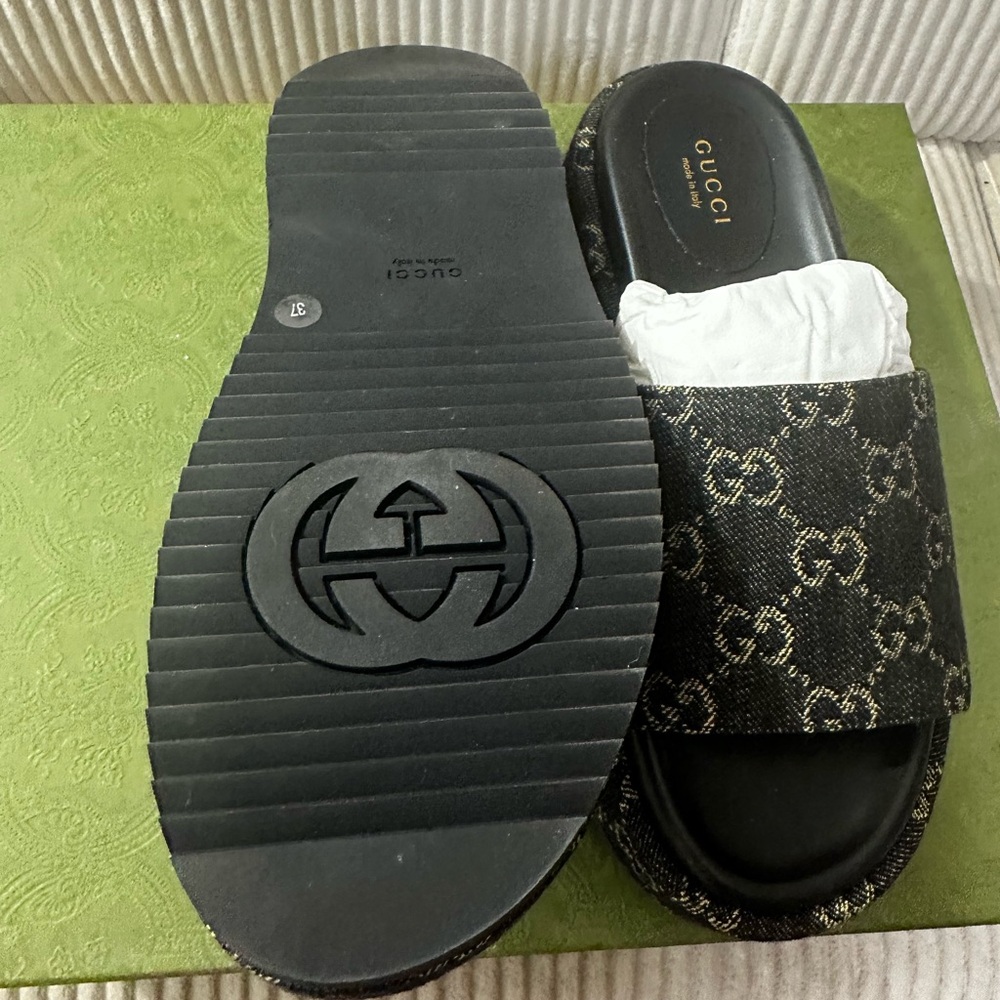 Gucci Black and Gold Patterned Slides - Picture 5 of 7